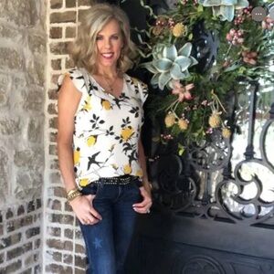 CAbi Yellow and Black Floral V-Neck Top